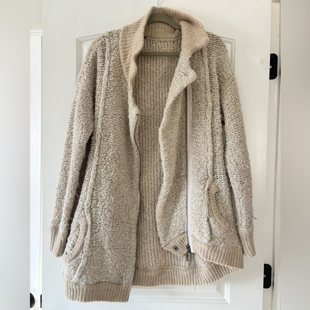 Free People Wool/Alpaca Blend Cream Crochet Asymmetrical Full Zip Jacket